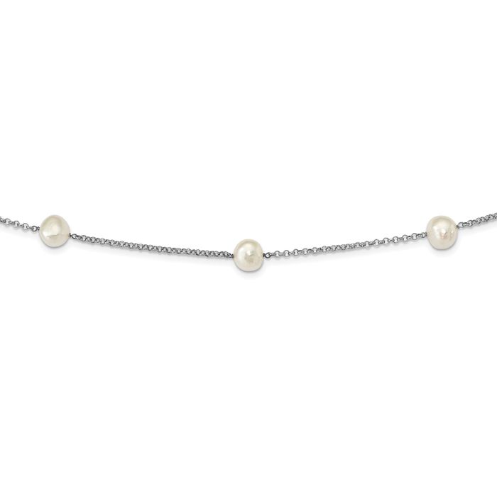 925 Sterling Silver 9mm White Baroq Freshwater Cultured Pearl 7 Stat Chain Necklace