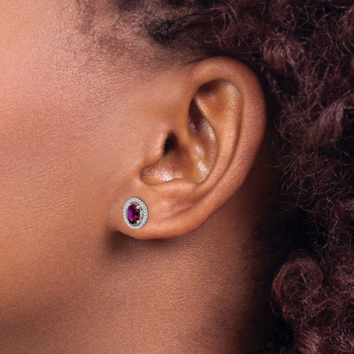 925 Sterling Silver Purple Rhodolite Garnet Oval Stud Earrings June Birthstone Jewelry