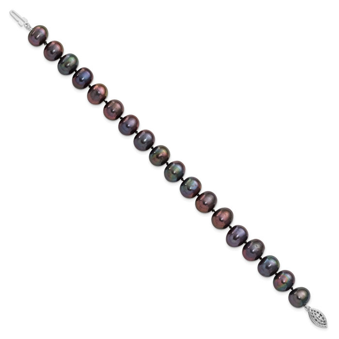 925 Sterling Silver 9mm Black Near Round Freshwater Cultured Pearl Chain Bracelet