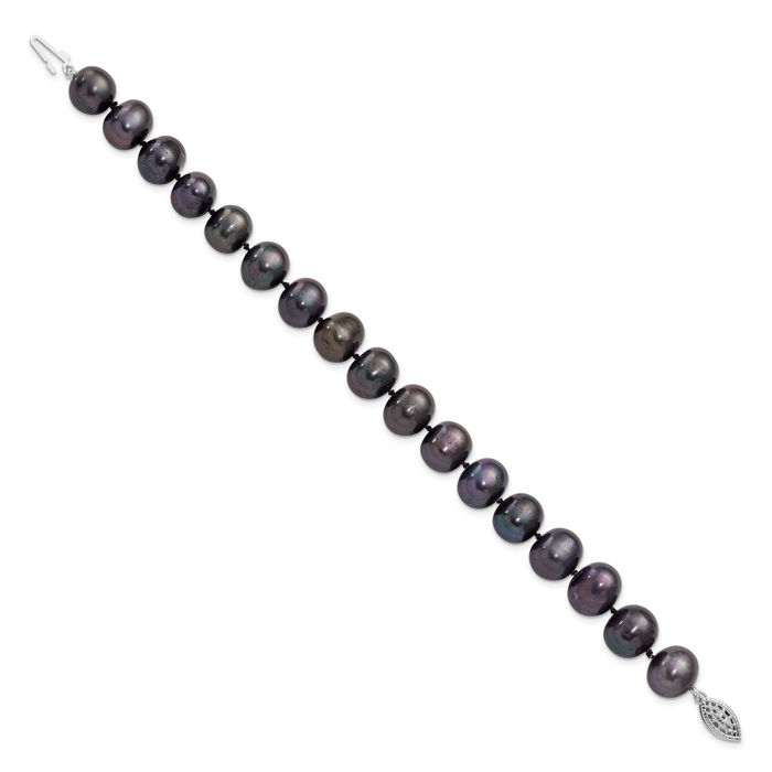 925 Sterling Silver 10mm Black Near Round Freshwater Cultured Pearl Chain Bracelet