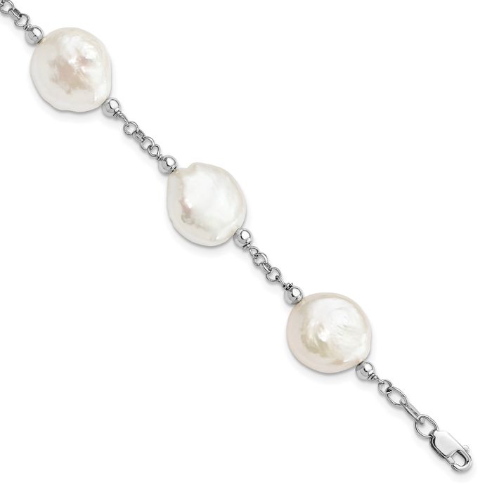 925 Sterling Silver 12mm White Coin Freshwater Cultured Pearl 6 Station Chain Bracelet