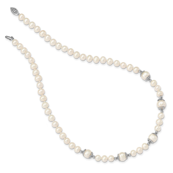 925 Sterling Silver 6 9mm White Freshwater Cultured Pearl 5 Station Necklace Chain