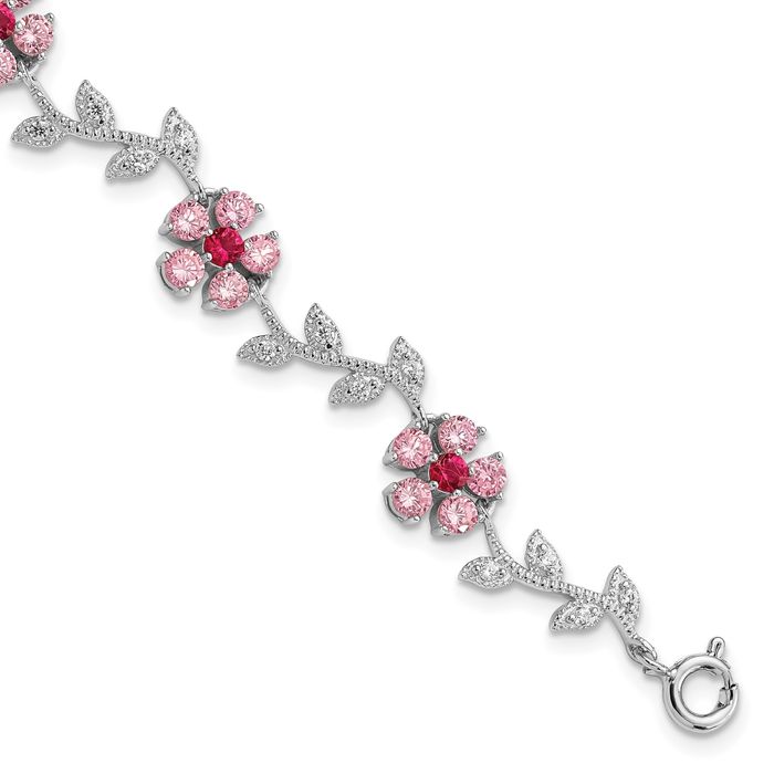 925 Sterling Silver Pink Cubic Zirconia CZ Flower Chain Bracelet