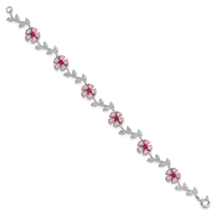 925 Sterling Silver Pink Cubic Zirconia CZ Flower Chain Bracelet