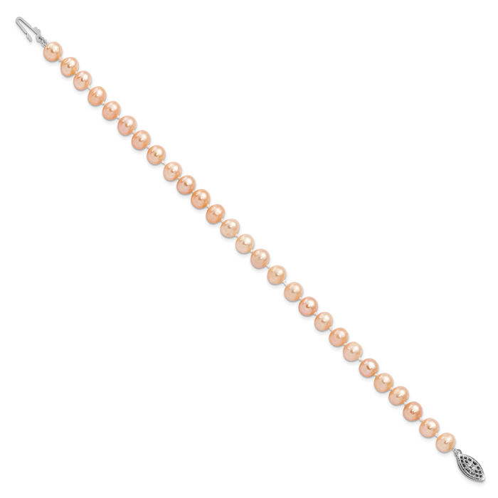 925 Sterling Silver 6mm Pink Near Round Freshwater Cultured Pearl Chain Bracelet