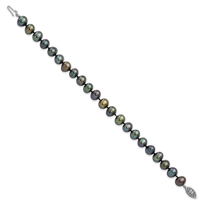 925 Sterling Silver 7mm Black Near Round Freshwater Cultured Pearl Chain Bracelet