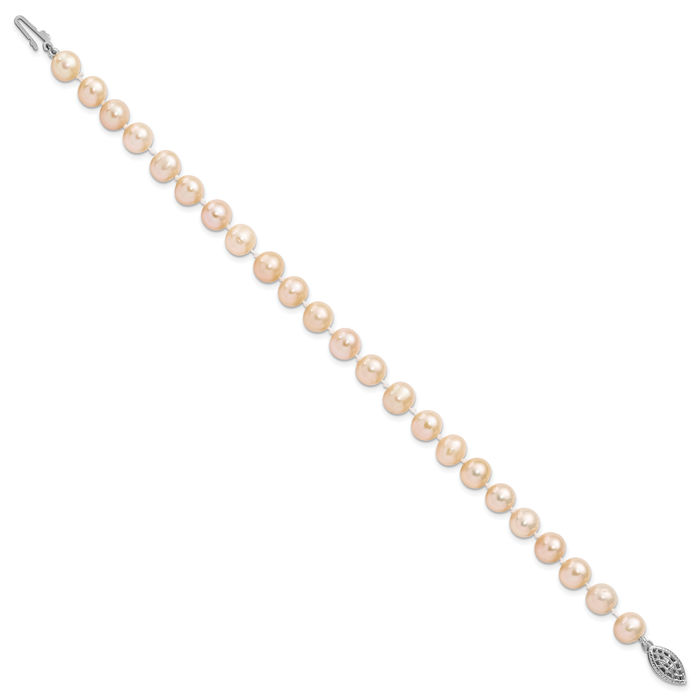 925 Sterling Silver 7mm Pink Near Round Freshwater Cultured Pearl Chain Bracelet