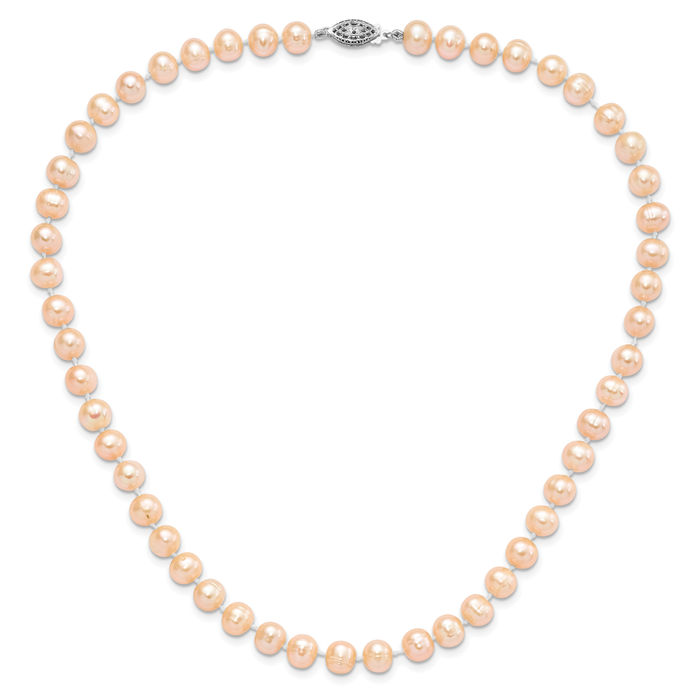 925 Sterling Silver 7mm Pink Near Round Freshwater Cultured Pearl Necklace Chain