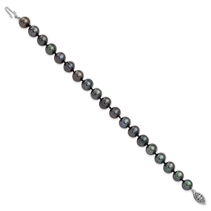 925 Sterling Silver 8mm Black Near Round Freshwater Cultured Pearl Chain Bracelet