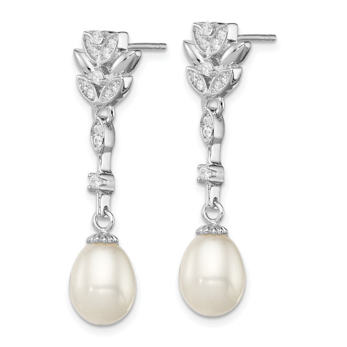 925 Sterling Silver 8mm White Teardrop Freshwater Cultured Pearl Cubic Zirconia CZ Post Drop Dangle Earrings