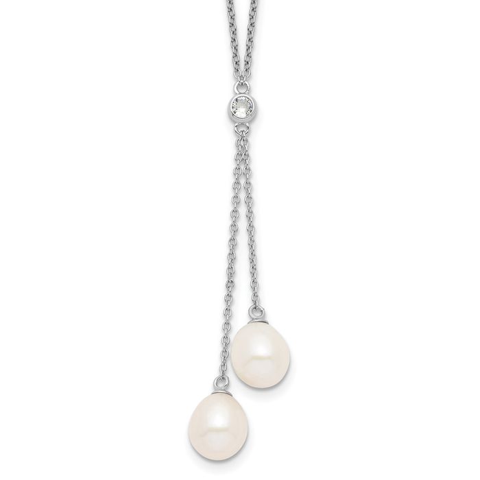 925 Sterling Silver 8mm White Rice Freshwater Cultured Pearl Cubic Zirconia CZ Dangling Necklace Chain