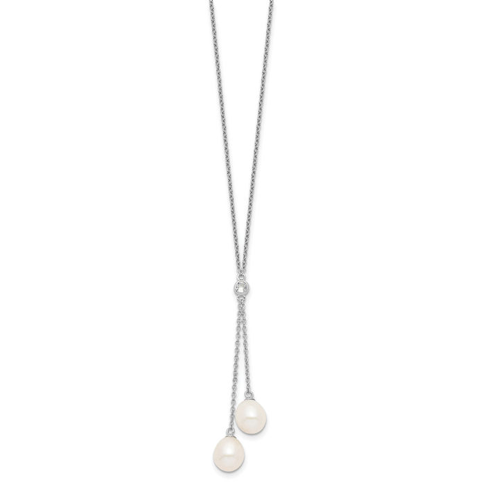 925 Sterling Silver 8mm White Rice Freshwater Cultured Pearl Cubic Zirconia CZ Dangling Necklace Chain