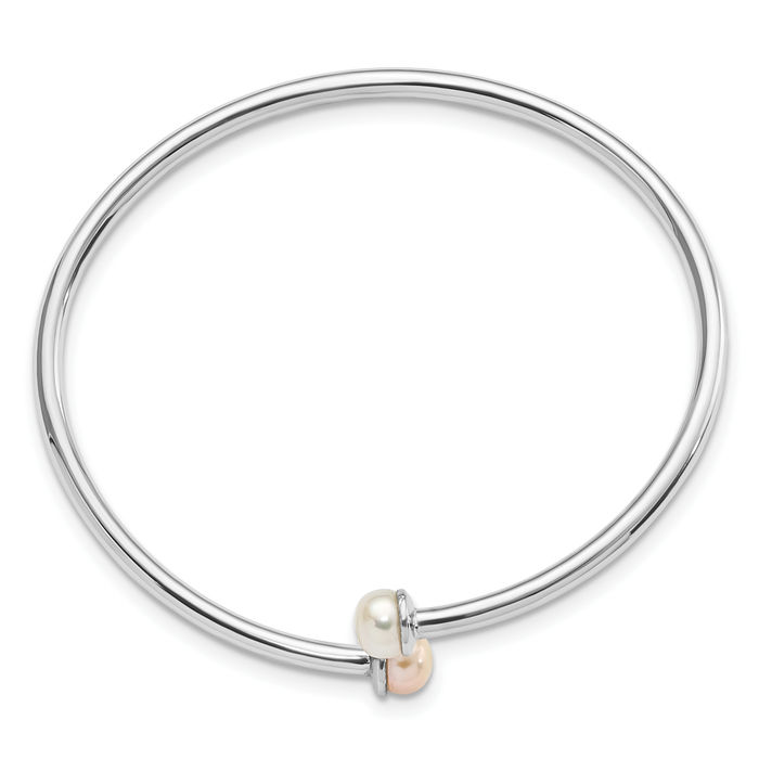 925 Sterling Silver 5mm Pink White Button Freshwater Cultured Pearl Flexible Bangle Bracelet