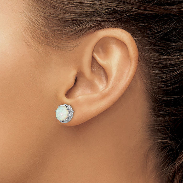 925 Sterling Silver Cabochon Lab Opal Cubic Zirconia CZ Post Studs Gemstone Earrings
