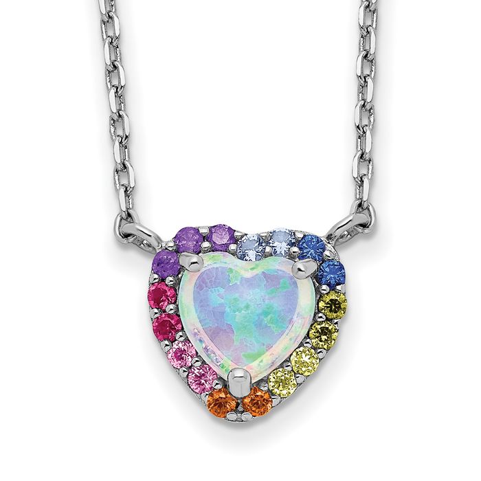 925 Sterling Silver Lab Opal Multi-color Cubic Zirconia CZ Heart Chain Necklace Gemstone Pendant Charm