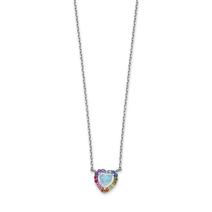 925 Sterling Silver Lab Opal Multi-color Cubic Zirconia CZ Heart Chain Necklace Gemstone Pendant Charm