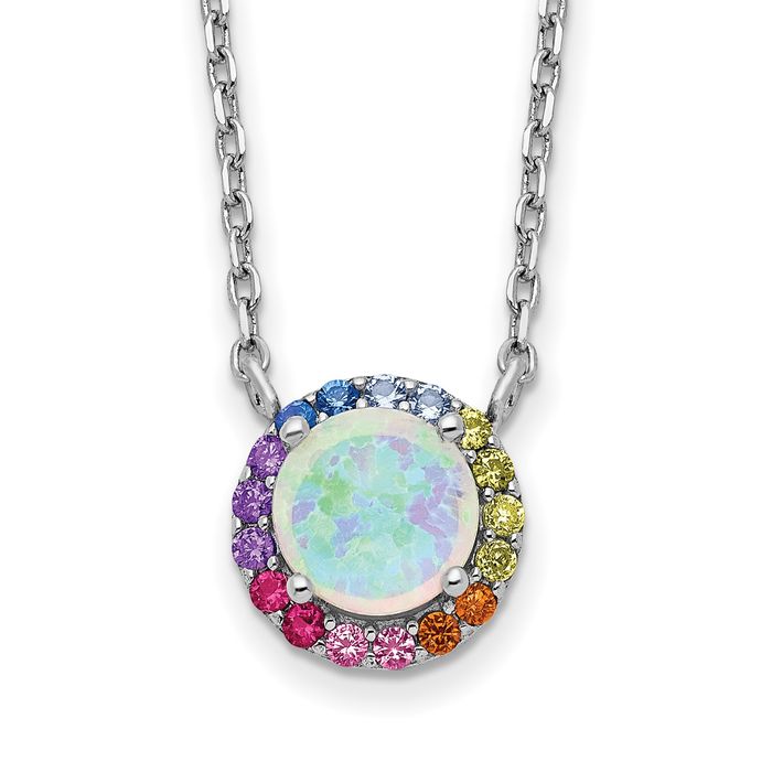 925 Sterling Silver Lab Opal Multi-color Cubic Zirconia CZ Round Chain Necklace Gemstone Pendant Charm