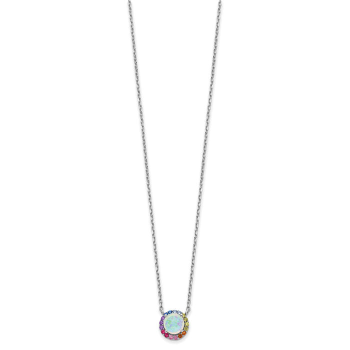 925 Sterling Silver Lab Opal Multi-color Cubic Zirconia CZ Round Chain Necklace Gemstone Pendant Charm