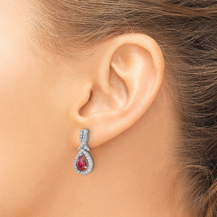 925 Sterling Silver Lab Red Ruby White Cubic Zirconia CZ Teardrop Post Drop Dangle Earrings Gemstone Push Back