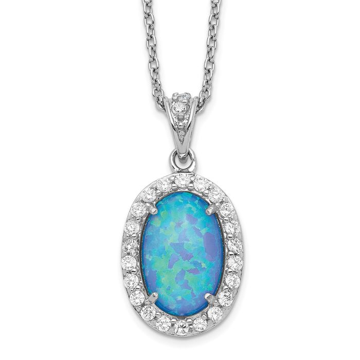 925 Sterling Silver Cabochon Lab Blue Opal Cubic Zirconia CZ Oval Necklace Chain Gemstone Pendant Charm