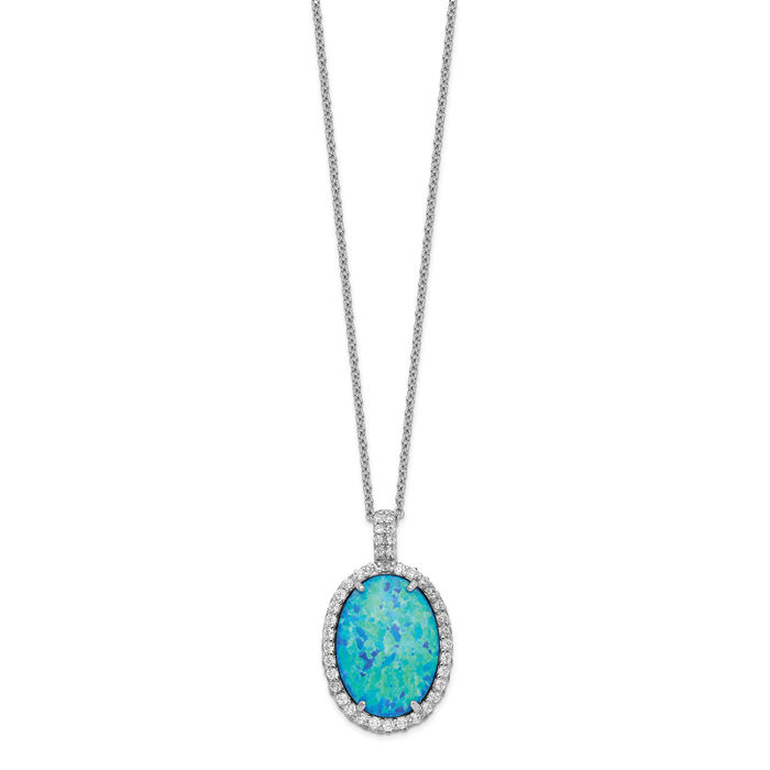 925 Sterling Silver Cabochon Lab Blue Opal Cubic Zirconia CZ Oval Necklace Chain Gemstone Pendant Charm