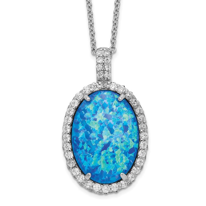 925 Sterling Silver Cabochon Lab Blue Opal Cubic Zirconia CZ Oval Necklace Chain Gemstone Pendant Charm