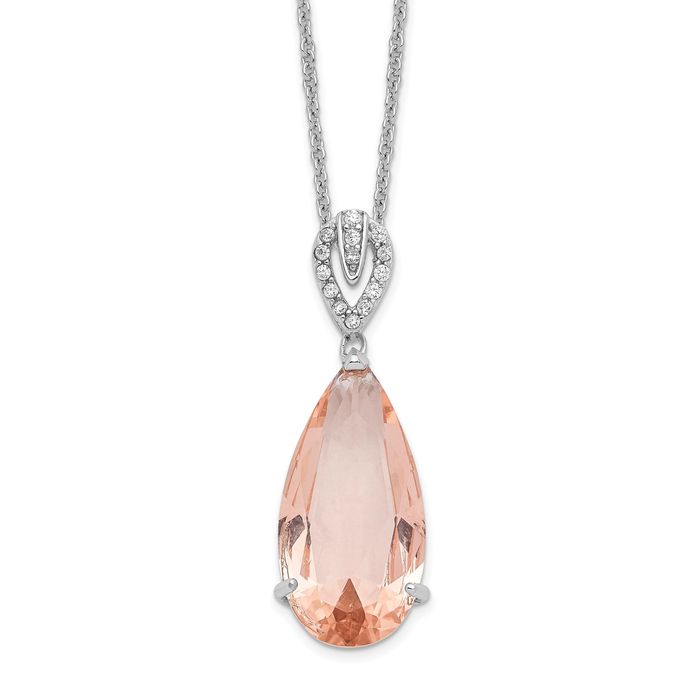 925 Sterling Silver Pink Morganite White Cubic Zirconia CZ Teardrop Necklace Chain Gemstone Pendant Charm