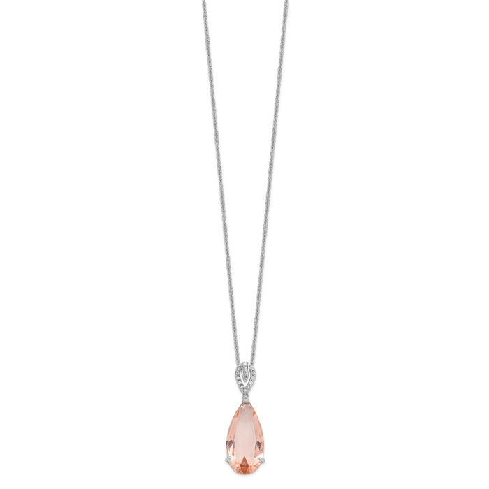 925 Sterling Silver Pink Morganite White Cubic Zirconia CZ Teardrop Necklace Chain Gemstone Pendant Charm