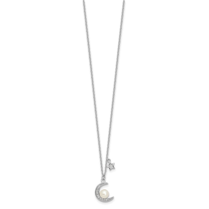 925 Sterling Silver Cubic Zirconia CZ Freshwater Cultured Pearl Crescent Moon Star Necklace Chain Celestial Jewelry