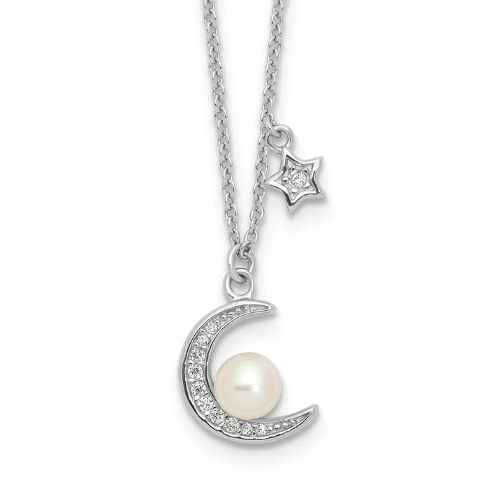 925 Sterling Silver Cubic Zirconia CZ Freshwater Cultured Pearl Crescent Moon Star Necklace Chain Celestial Jewelry