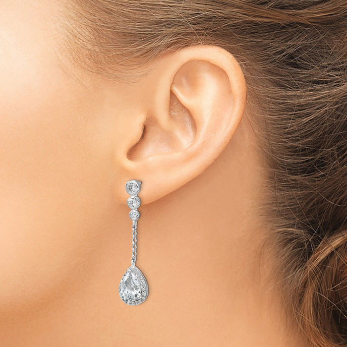 925 Sterling Silver Cubic Zirconia CZ Teardrop Halo Round Post Drop Dangle Earrings