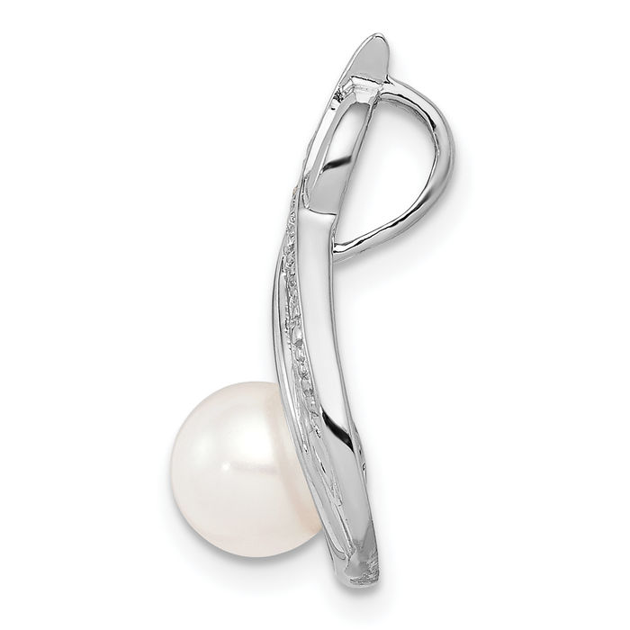 925 Sterling Silver Diamond Freshwater Cultured Pearl Floating Chain Slide Pendant Necklace Charm