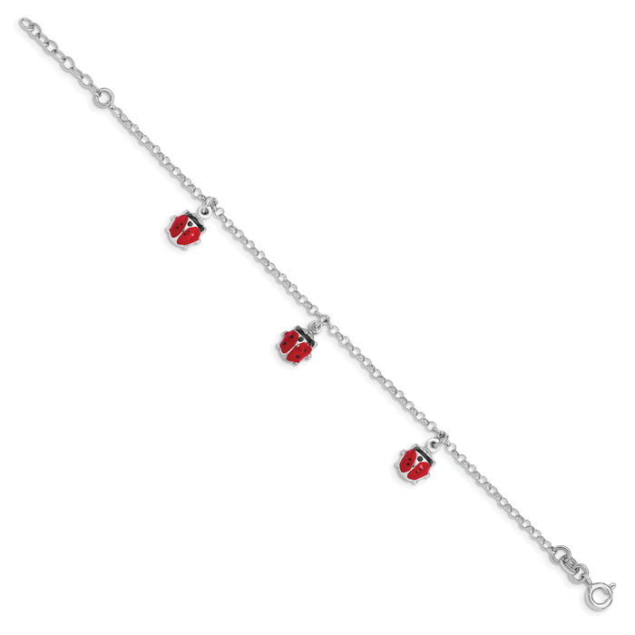 925 Sterling Silver Ladybugs Chain Charm Bracelet