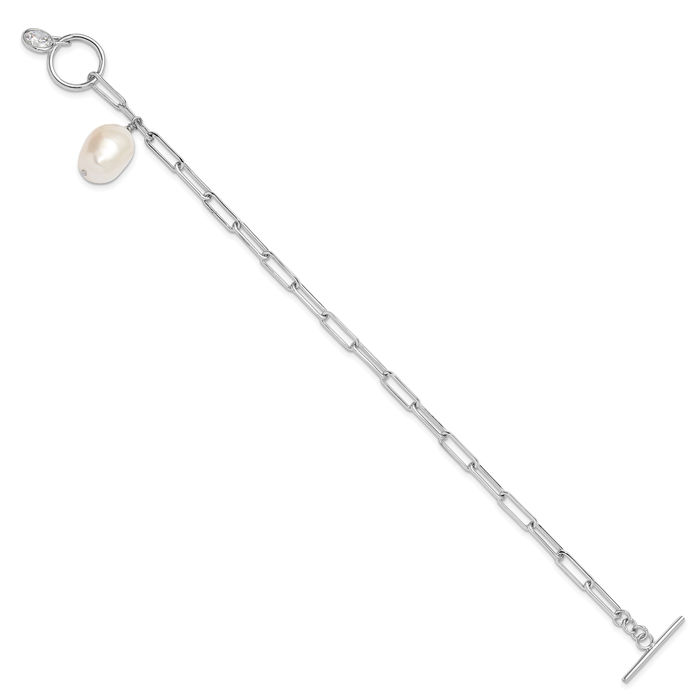 925 Sterling Silver Paperclip Link Cubic Zirconia CZ Freshwater Cultured Pearl Chain Bracelet Toggle Clasp