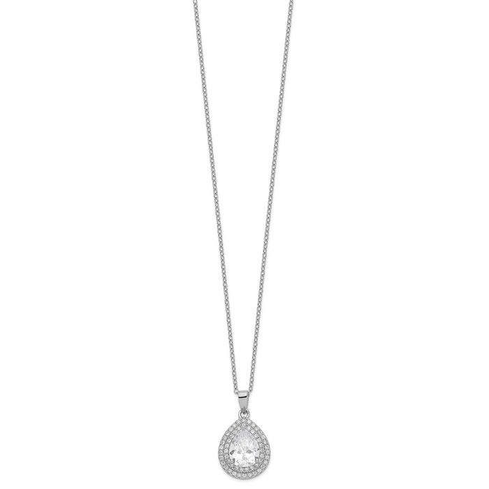 925 Sterling Silver Pear Cubic Zirconia CZ Double Halo Round Necklace Chain