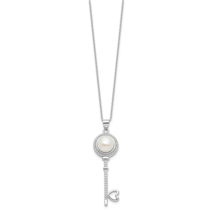 925 Sterling Silver Pearl Cubic Zirconia CZ Key Heart Necklace Love Pendant Friendship Charm Chain