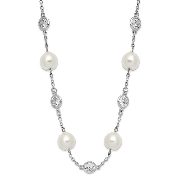 925 Sterling Silver Pearl Cubic Zirconia CZ Station Necklace Chain