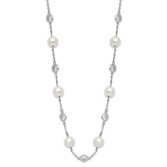 925 Sterling Silver Pearl Cubic Zirconia CZ Station Necklace Chain