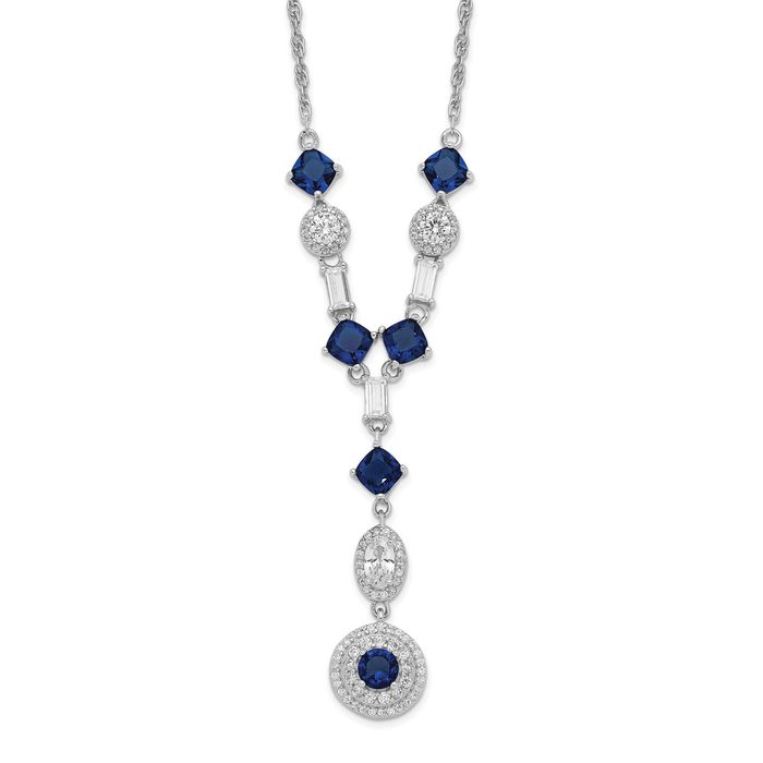 925 Sterling Silver Cushion-Cut Cut/brilliant Cut Blue Glass Brilliant Cut/baguette White Cubic Zirconia CZ Dangling Y Drop Necklace Chain