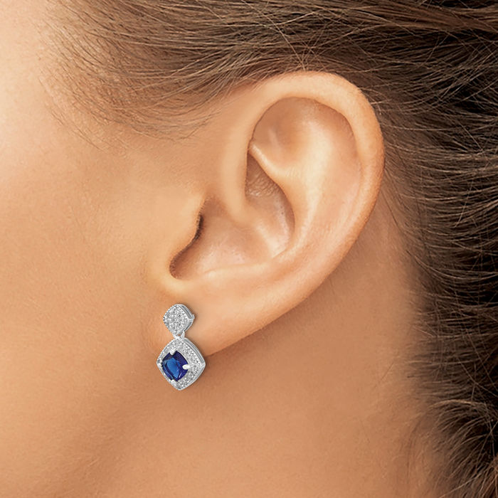 925 Sterling Silver Cushion-Cut Blue Glass White Cubic Zirconia CZ Post Drop Dangle Earrings