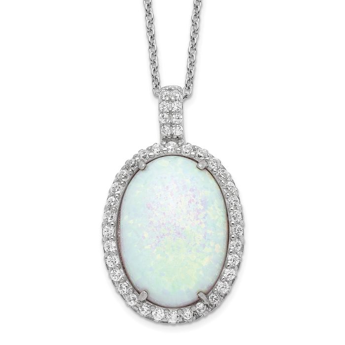 925 Sterling Silver Cabochon Lab Opal Cubic Zirconia CZ Oval Halo Necklace Chain Gemstone Pendant Charm