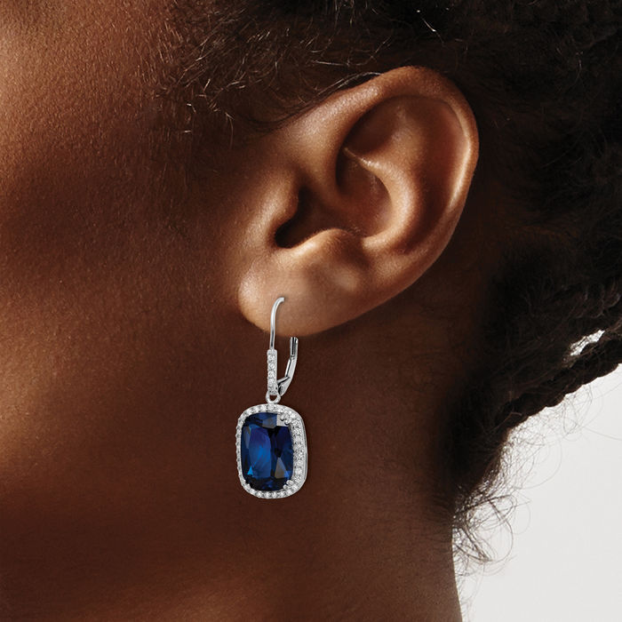 925 Sterling Silver Cushion-Cut Lab Dark Blue Spinel White Cubic Zirconia CZ Drop Dangle Earrings Gemstone