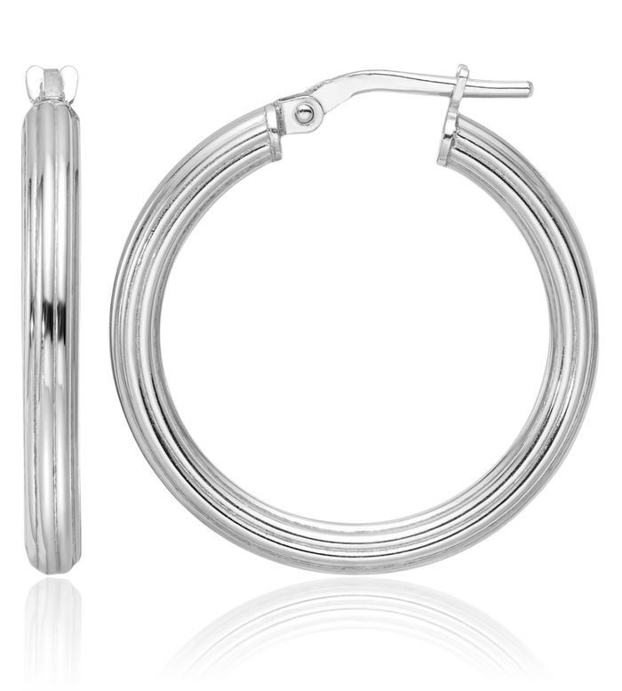 925 Sterling Silver Ridged 3mm Round Medium Hoop Earrings