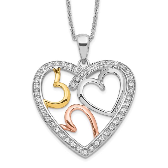 925 Sterling Silver Rose Pink Gold Plated Cubic Zirconia CZ Bond of Love Heart Necklace Chain