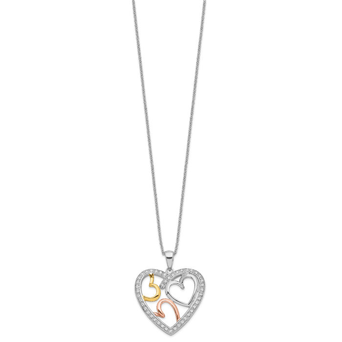 925 Sterling Silver Rose Pink Gold Plated Cubic Zirconia CZ Bond of Love Heart Necklace Chain