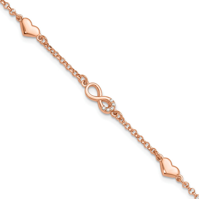 925 Sterling Silver Rose Pink Gold Plated Heart Cubic Zirconia CZ Infinity Twisted Love Knot Symbol Chain Charm Bracelet