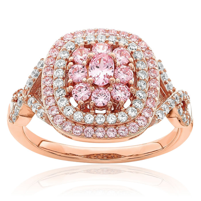 925 Sterling Silver Rose Gold Pink White Cubic Zirconia CZ Cushion-Cut Statement Ring