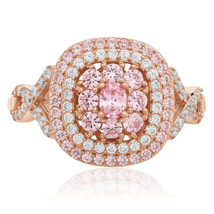 925 Sterling Silver Rose Gold Pink White Cubic Zirconia CZ Cushion-Cut Statement Ring