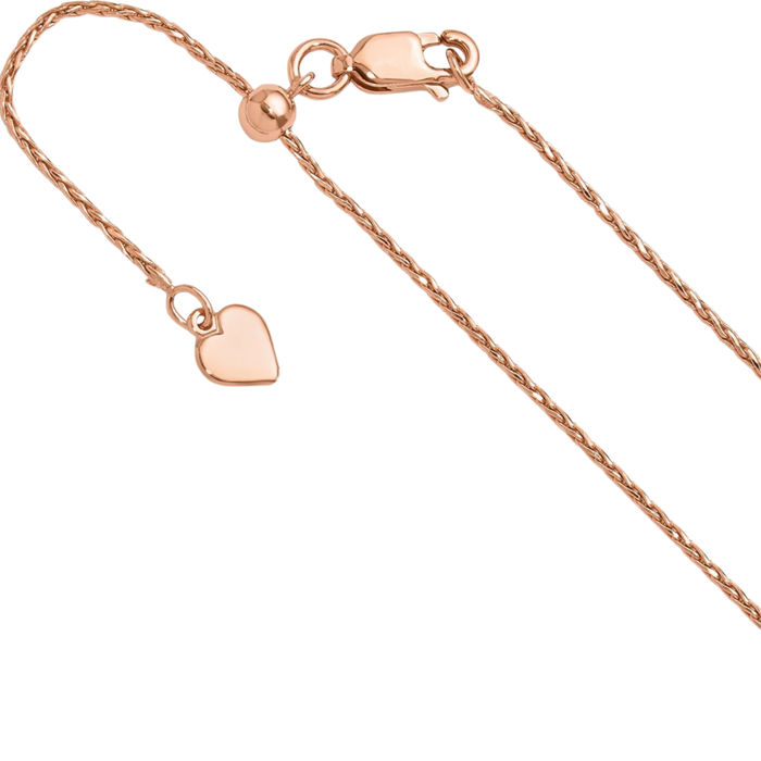 925 Sterling Silver Rose Pink Gold Plated Adjustable 1.1mm Spiga Wheat Link Chain Necklace