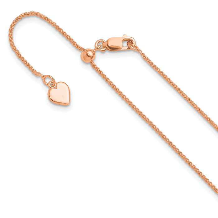 925 Sterling Silver Rose Pink Gold Plated Adjustable 1mm Spiga Wheat Link Chain Necklace